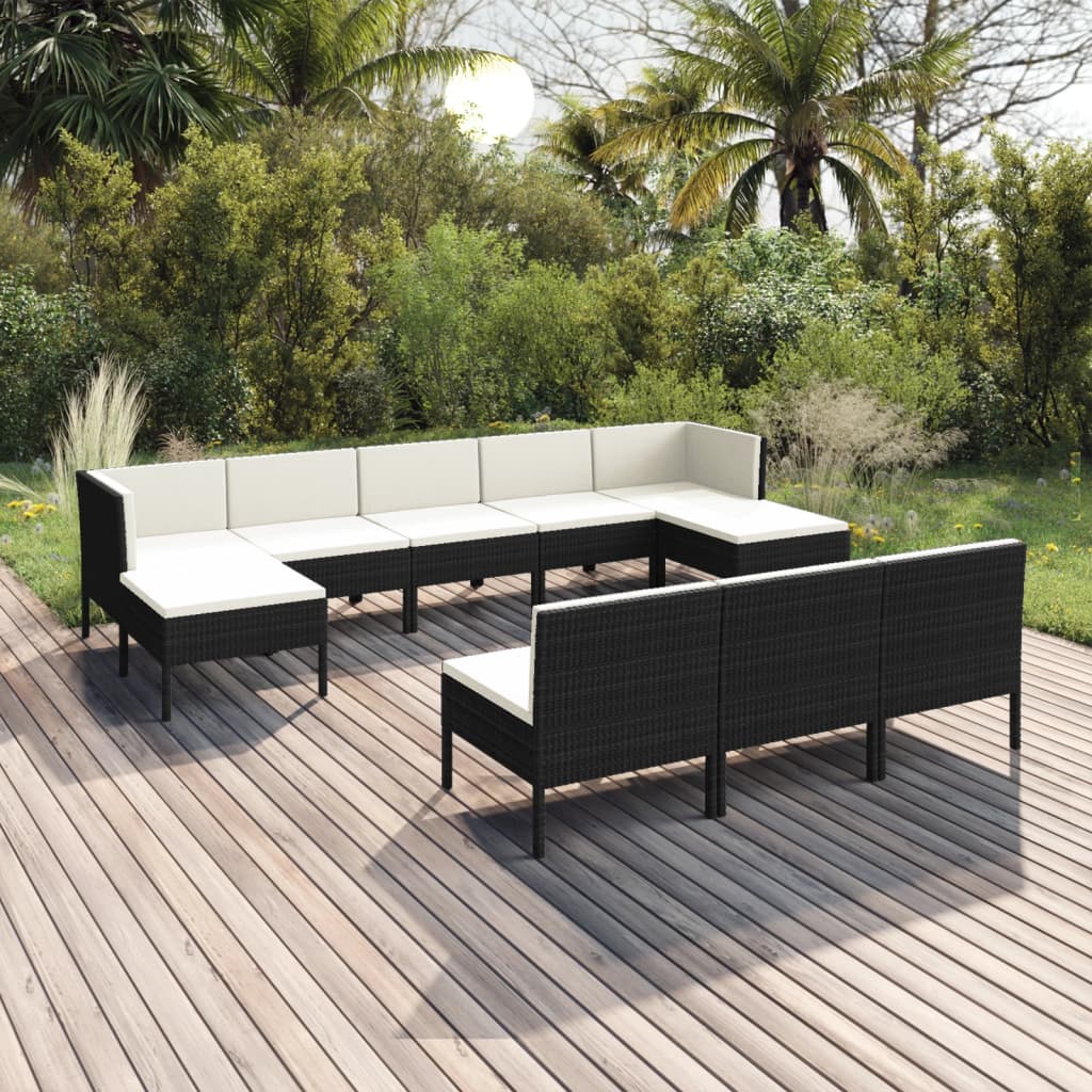 vidaXL 10 Piece Patio Lounge Set with Cushions Poly Rattan Black