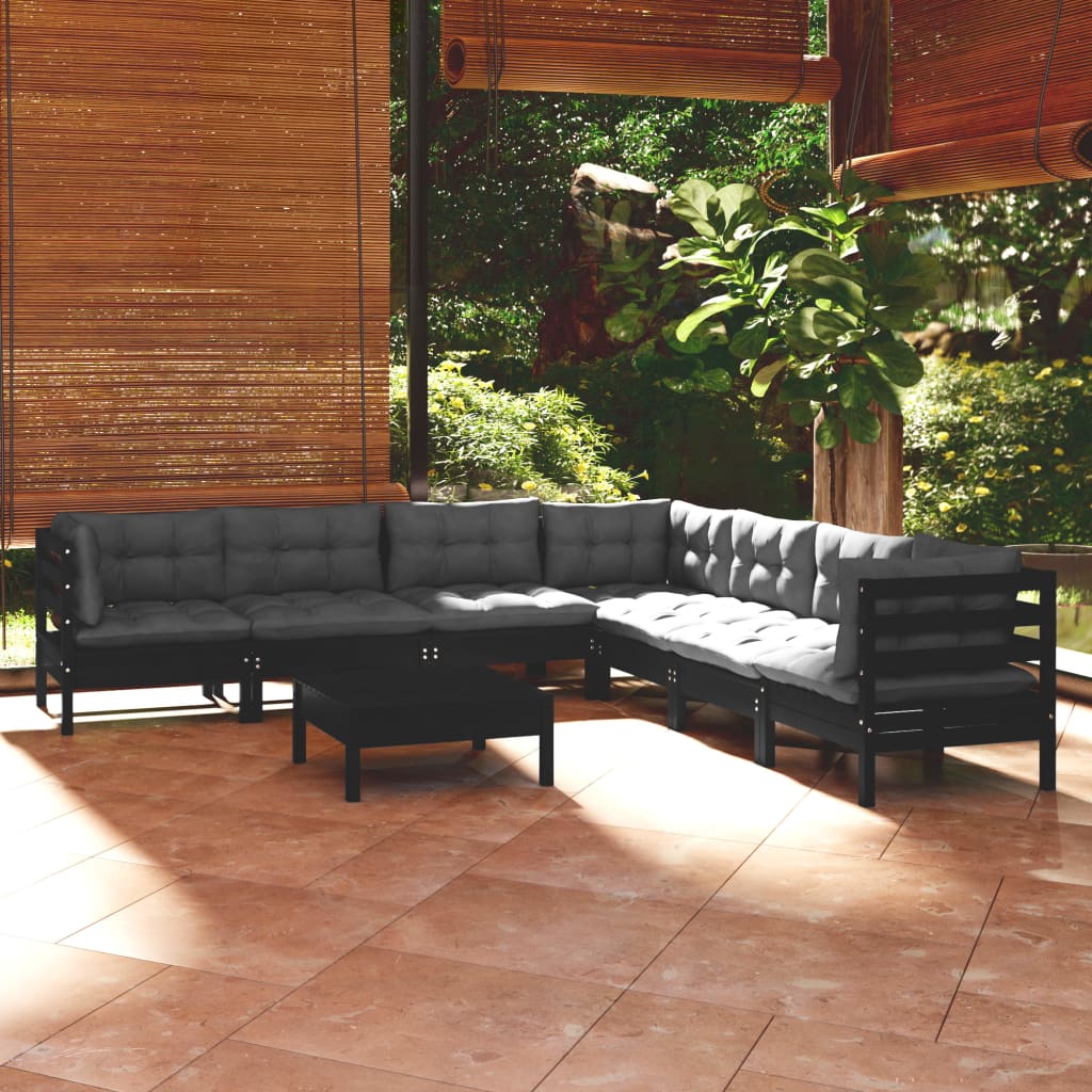 vidaXL 8 Piece Patio Lounge Set with Cushions Black Solid Pinewood