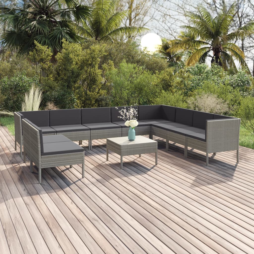 vidaXL 11 Piece Patio Lounge Set with Cushions Poly Rattan Gray