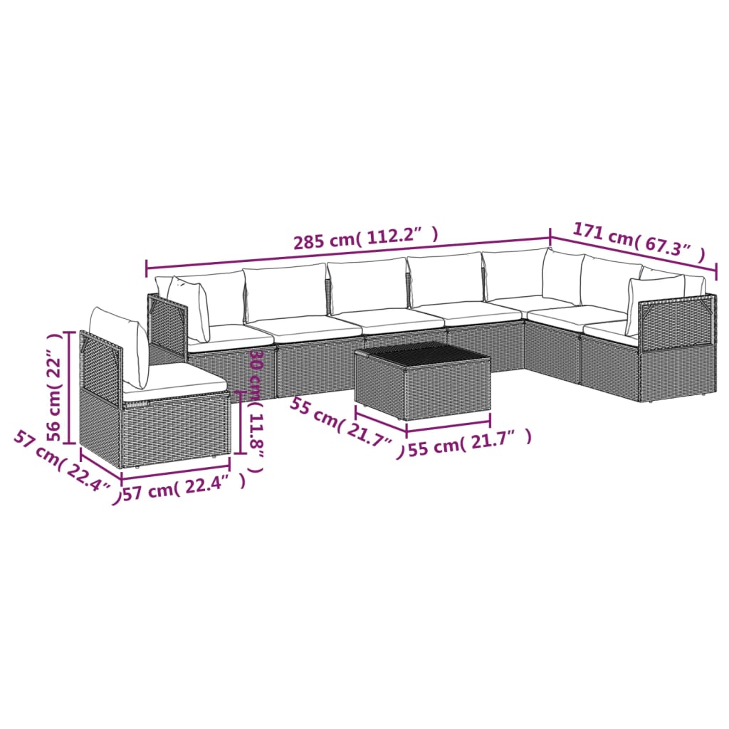 vidaXL 9 Piece Patio Lounge Set with Cushions Gray Poly Rattan