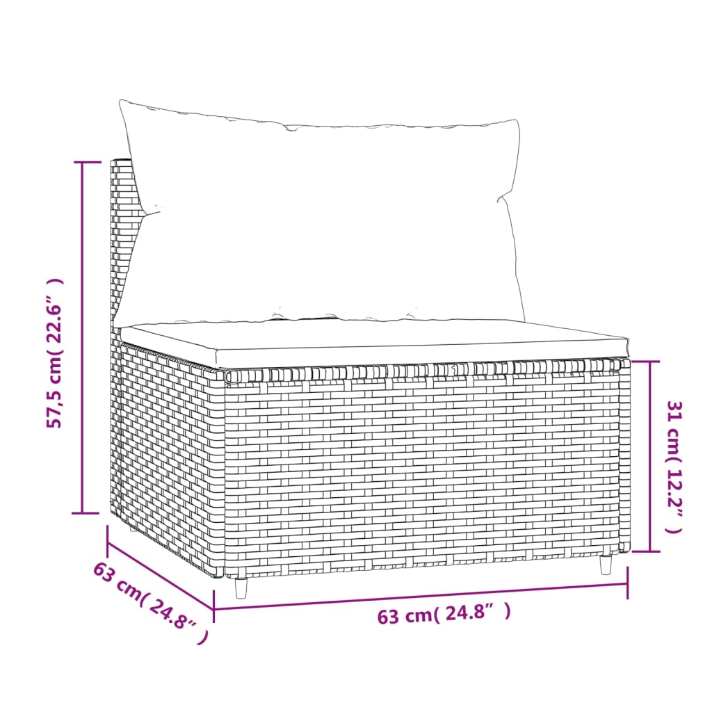 vidaXL Patio Middle Sofa with Cushions Gray Poly Rattan