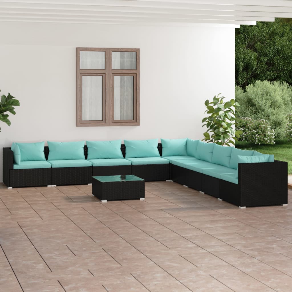 vidaXL 10 Piece Patio Lounge Set with Cushions Poly Rattan Black