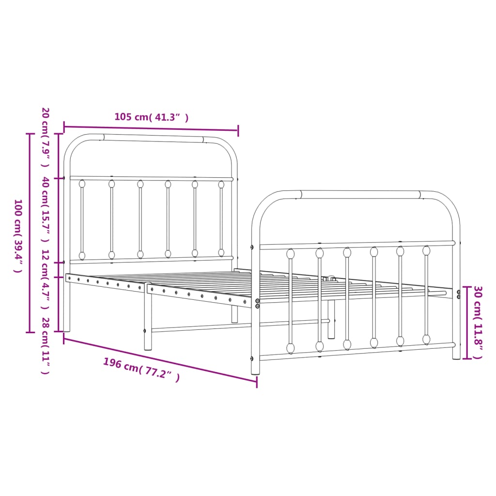 vidaXL Metal Bed Frame without Mattress with Footboard White 39.4"x74.8"