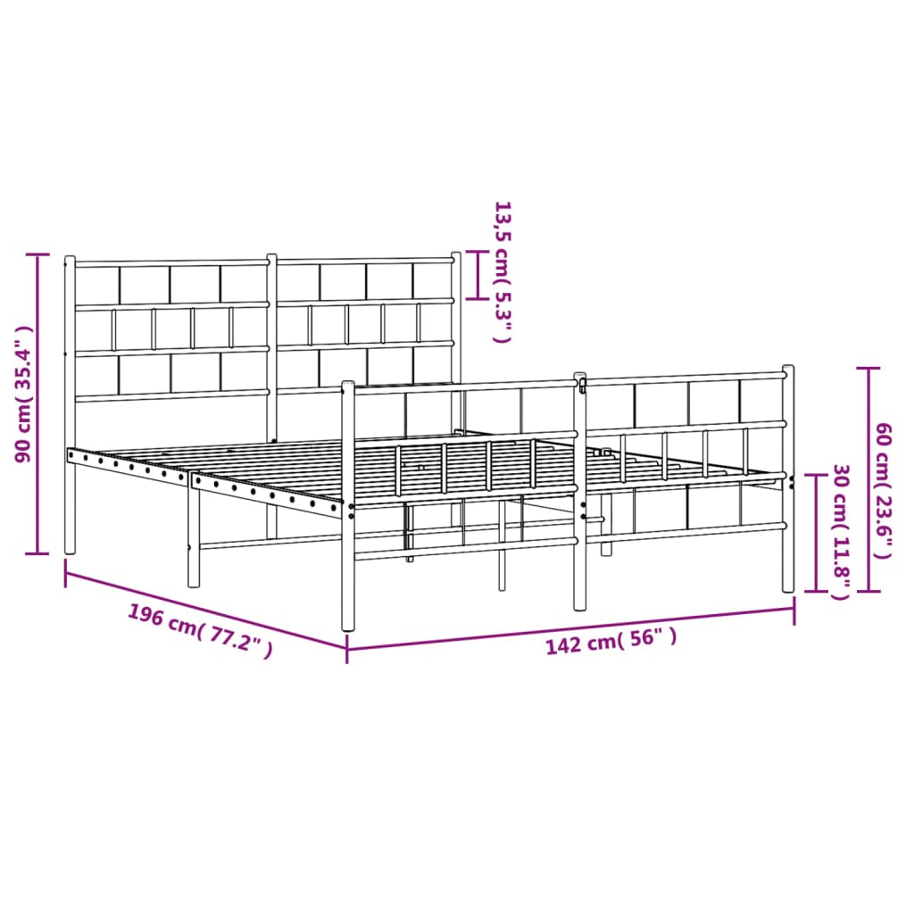 vidaXL Metal Bed Frame without Mattress with Footboard Black 53.1"x74.8"