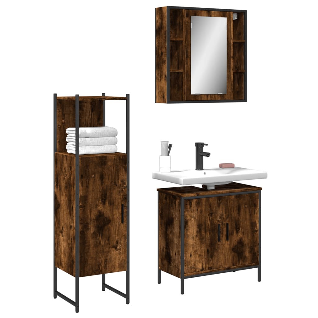 vidaXL 3 Piece Bathroom Cabinet Set Smoked Oak Engineered Wood