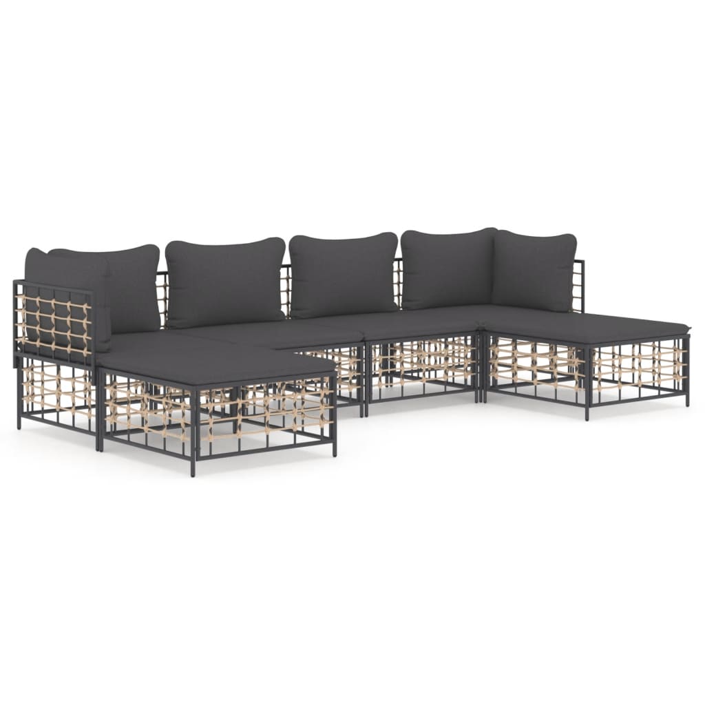 vidaXL 6 Piece Patio Lounge Set with Cushions Anthracite Poly Rattan