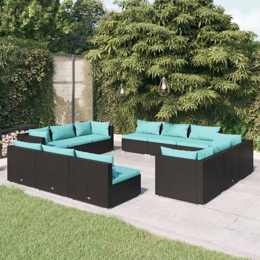 vidaXL 12 Piece Patio Lounge Set with Cushions Poly Rattan Black