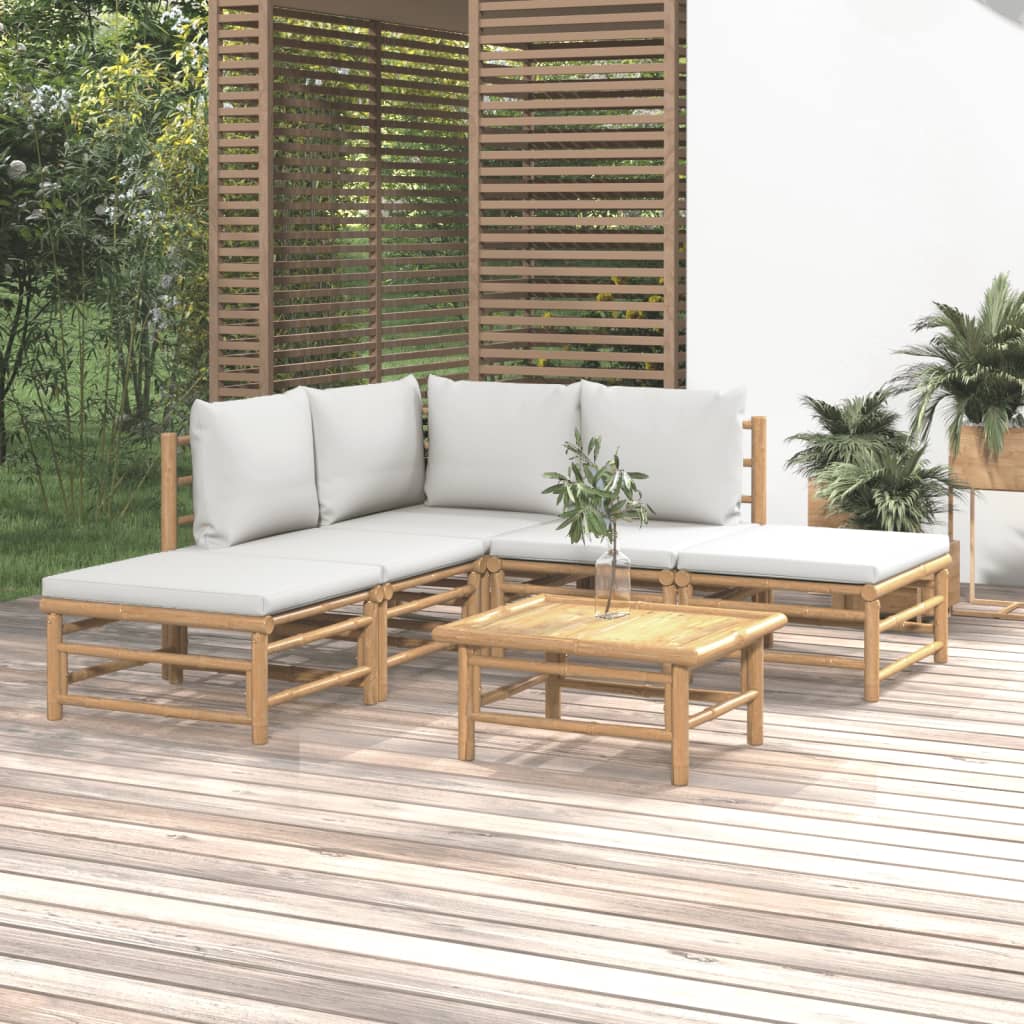 vidaXL 6 Piece Patio Lounge Set with Light Gray Cushions Bamboo