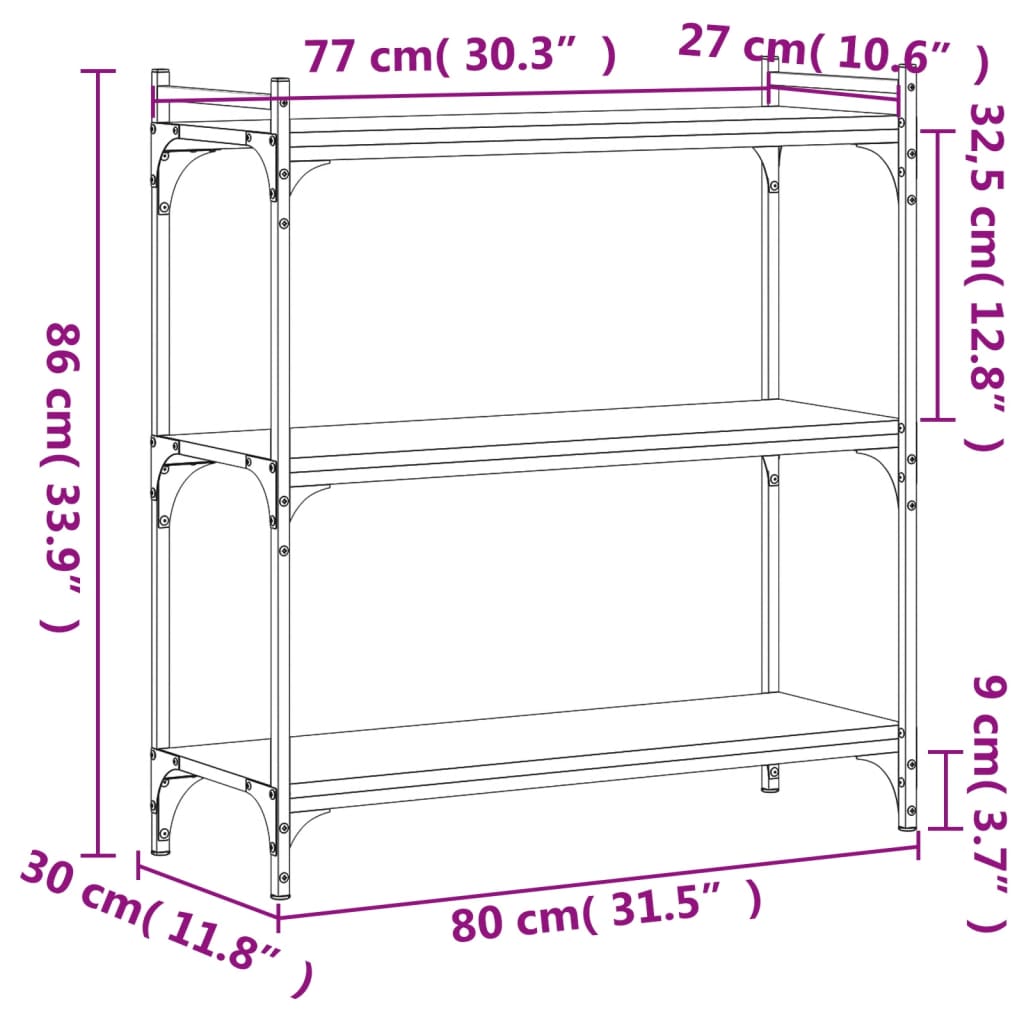 vidaXL Bookcase 3-Tier Smoked Oak 31.5"x11.8"x33.9" Engineered Wood