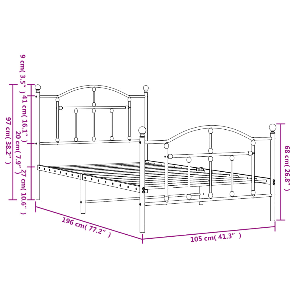 vidaXL Metal Bed Frame without Mattress with Footboard Black 39.4"x74.8"