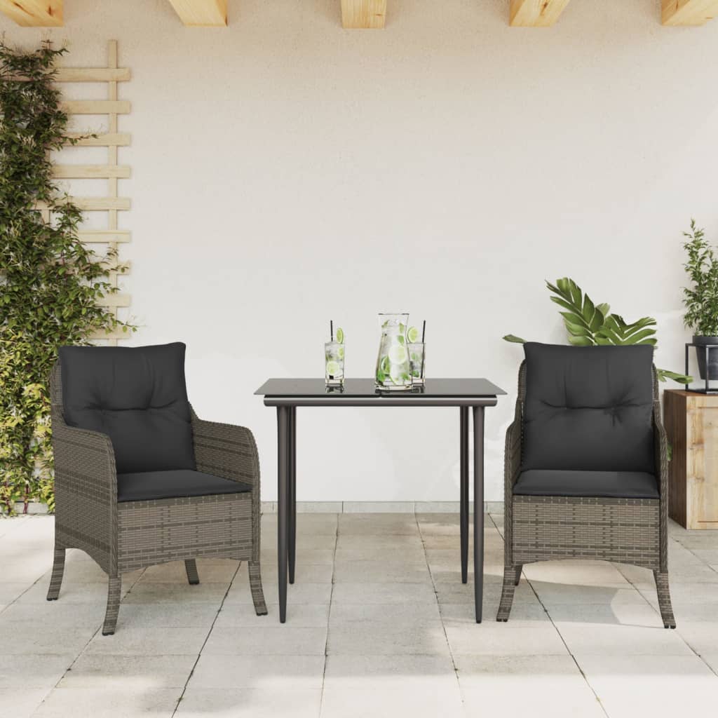 vidaXL 3 Piece Patio Dining Set with Cushions Gray Poly Rattan