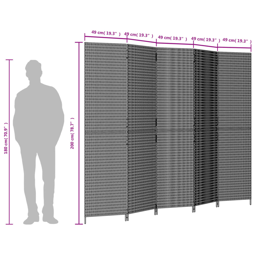 vidaXL Room Divider 5 Panels Gray Poly Rattan