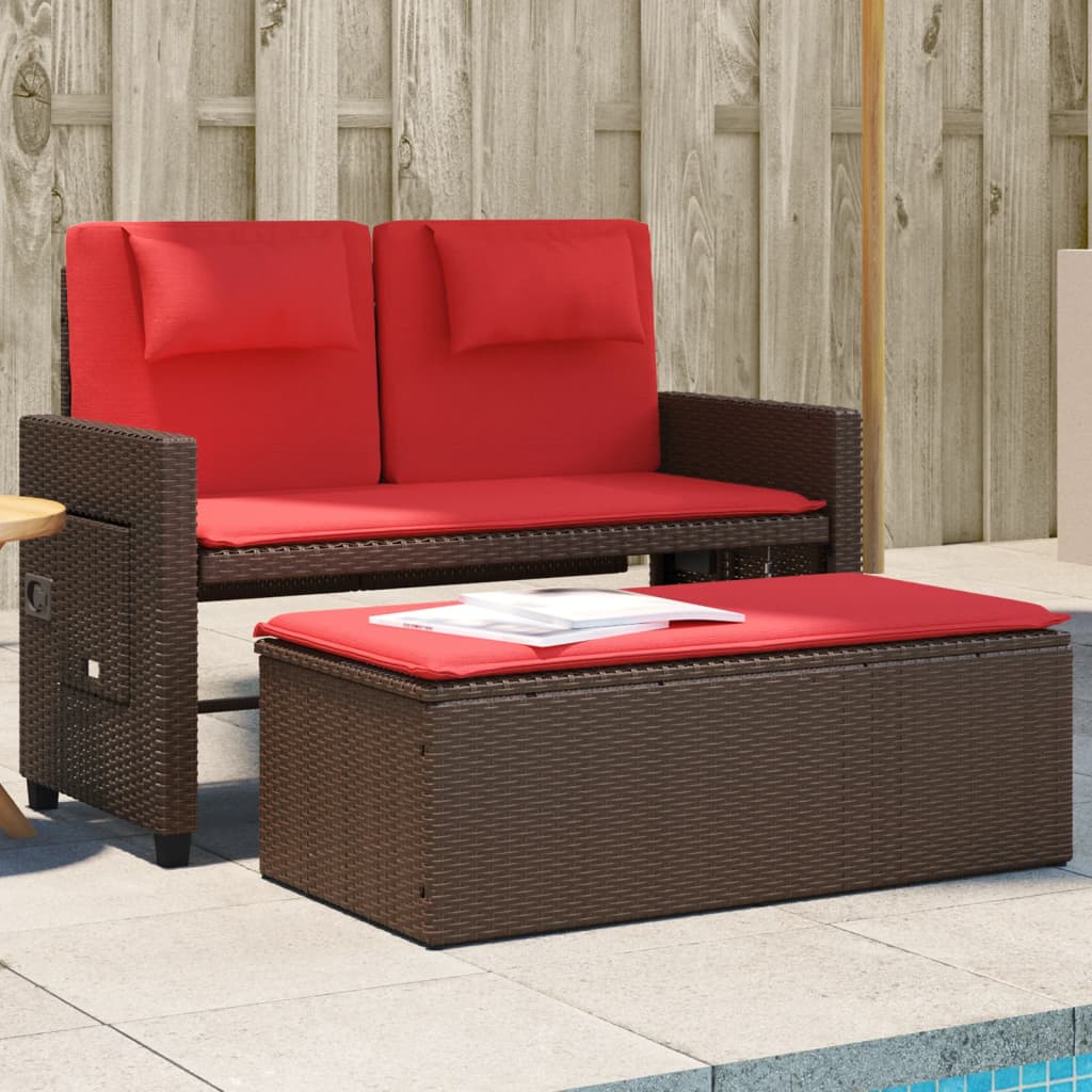 vidaXL Reclining Patio Bench with Cushions Brown Poly Rattan