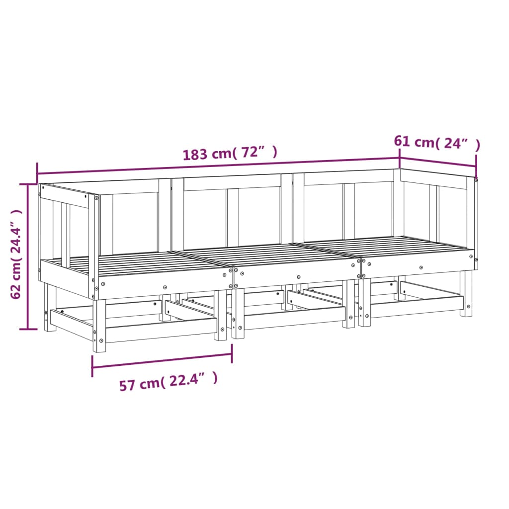 vidaXL 3 Piece Patio Lounge Set Solid Wood Pine