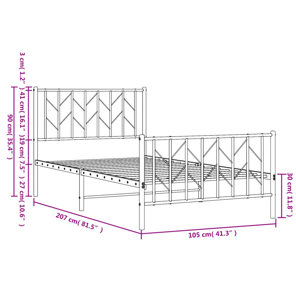 vidaXL Metal Bed Frame without Mattress with Footboard Black 39.4"x78.7"