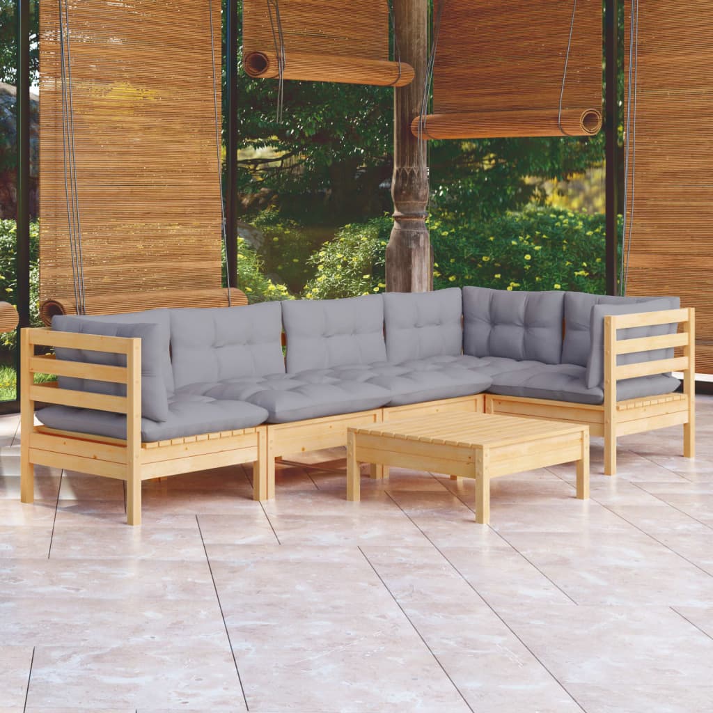 vidaXL 6 Piece Patio Lounge Set with Gray Cushions Pinewood