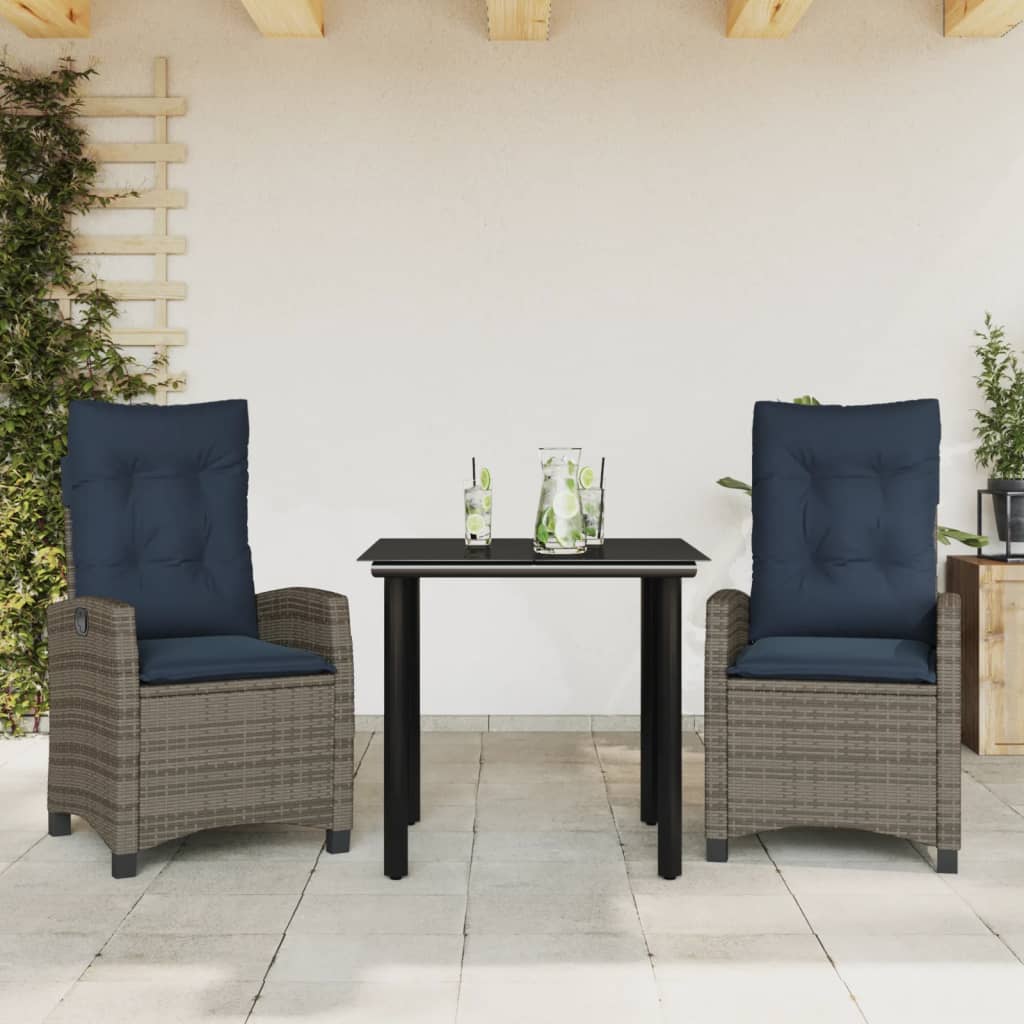 vidaXL 3 Piece Patio Dining Set with Cushions Gray Poly Rattan