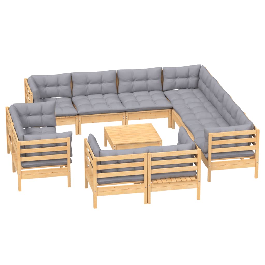 vidaXL 12 Piece Patio Lounge Set with Gray Cushions Solid Pinewood