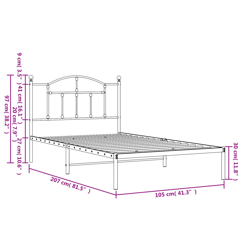 vidaXL Metal Bed Frame without Mattress with Headboard White 39.4"x78.7"