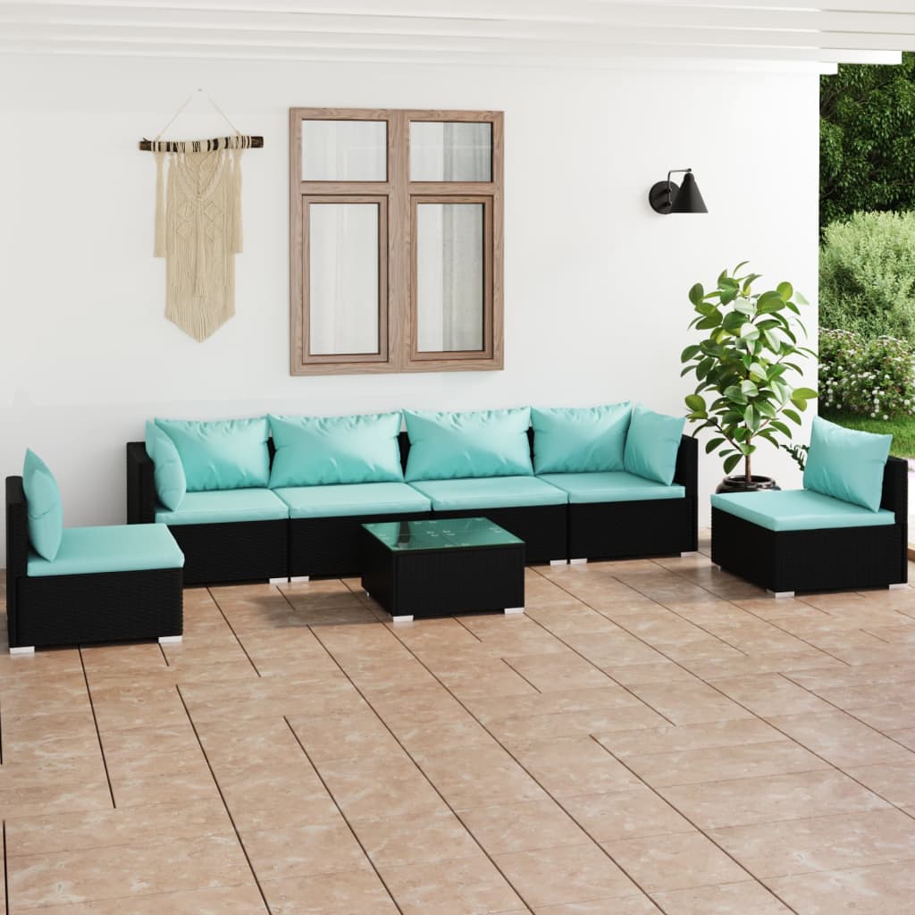 vidaXL 7 Piece Patio Lounge Set with Cushions Poly Rattan Black