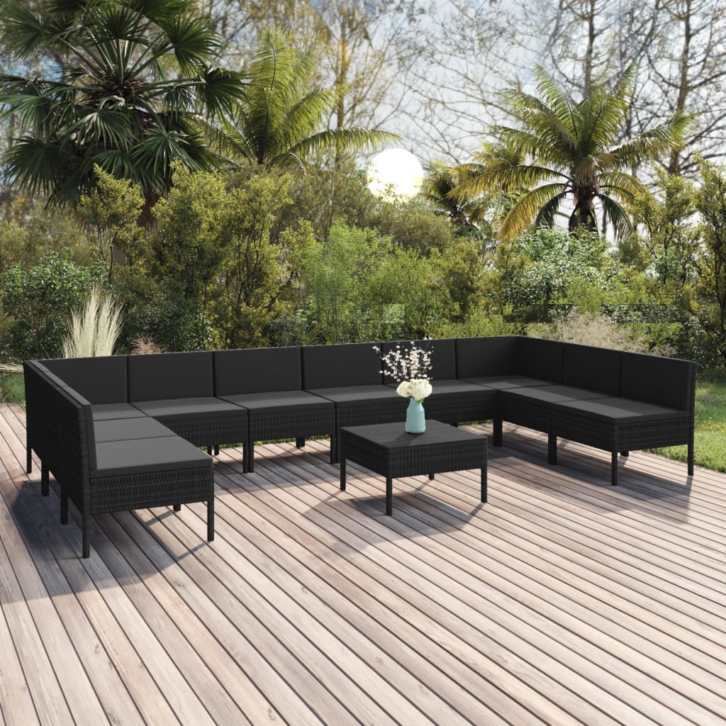 vidaXL 11 Piece Patio Lounge Set with Cushions Poly Rattan Black