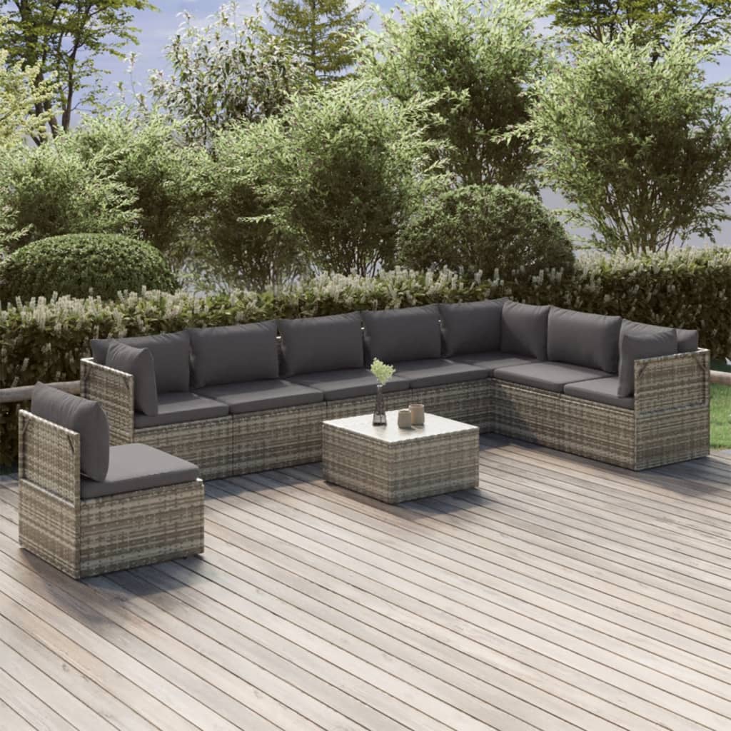 vidaXL 9 Piece Patio Lounge Set with Cushions Gray Poly Rattan