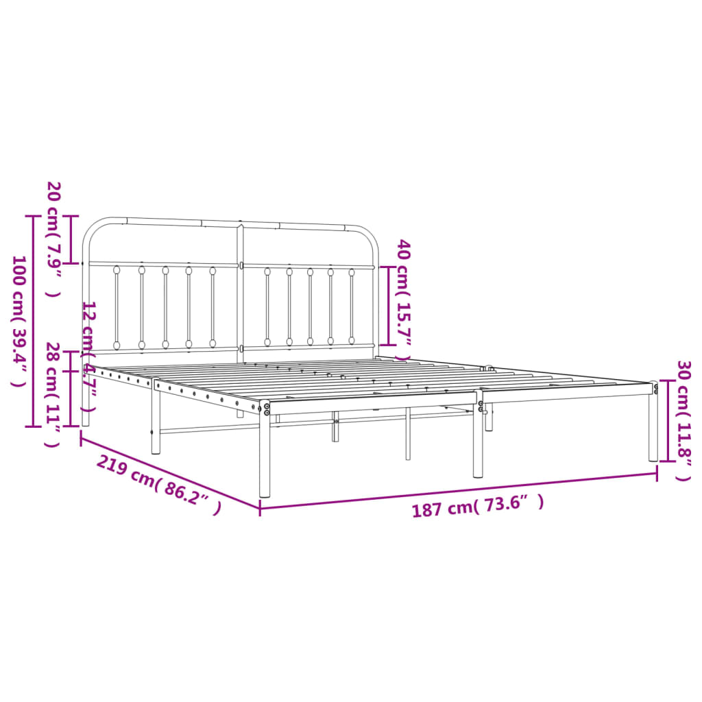 vidaXL Metal Bed Frame without Mattress with Headboard Black 72"x83.9"