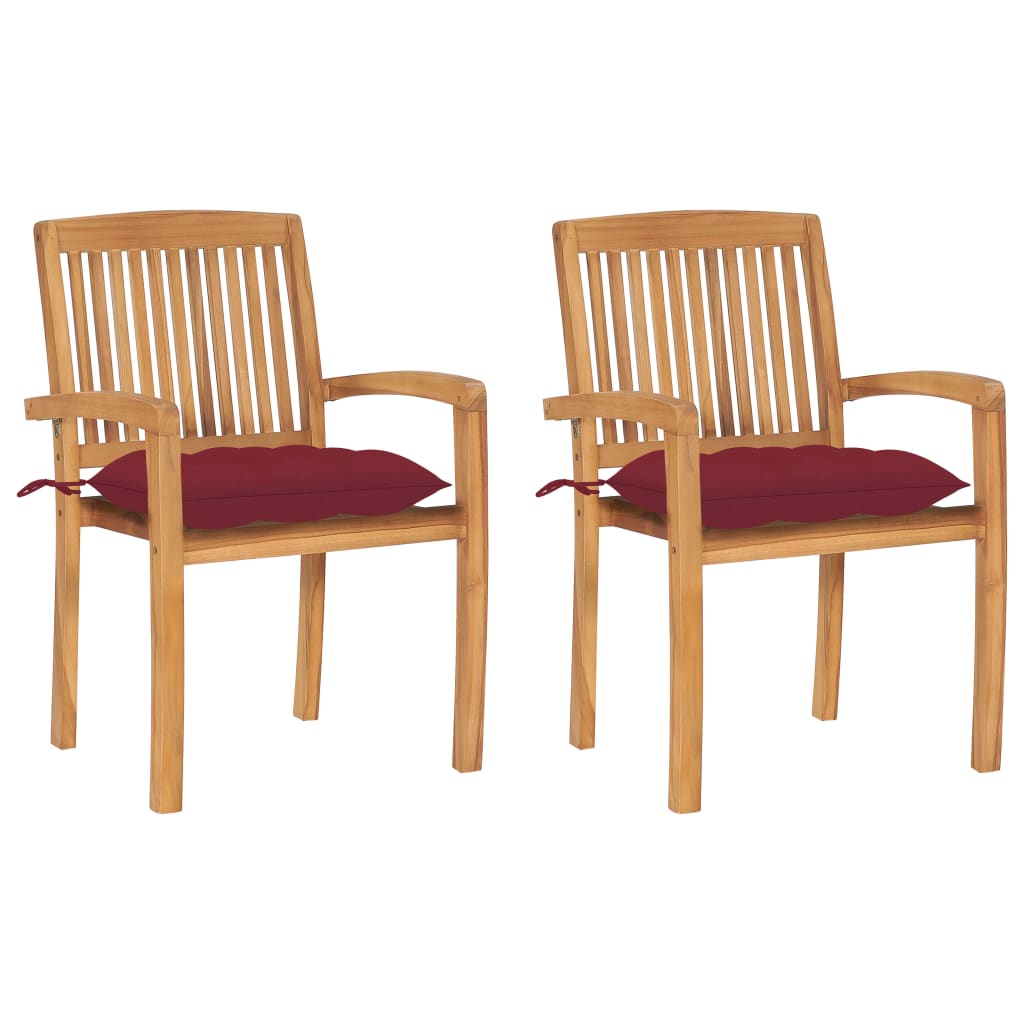 vidaXL Patio Chairs 2 pcs with Wine Red Cushions Solid Teak Wood