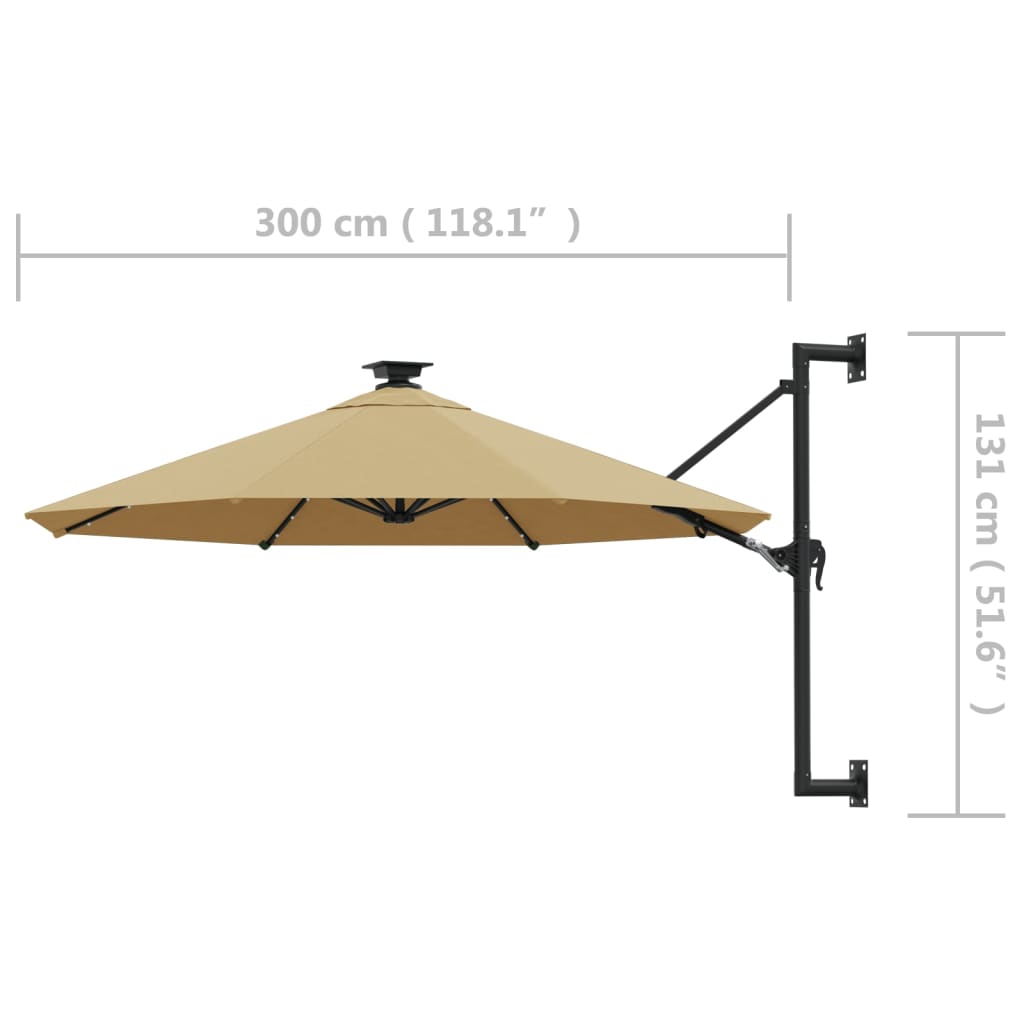 vidaXL Wall-mounted Garden Parasol with LEDs and Metal Pole 118.1" Taupe