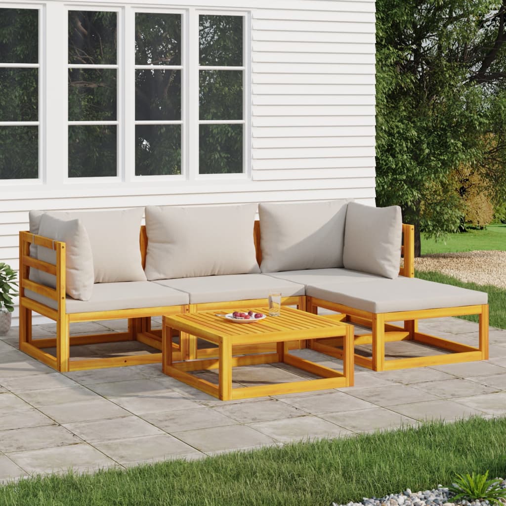 vidaXL 5 Piece Patio Lounge Set with Light Gray Cushions Solid Wood