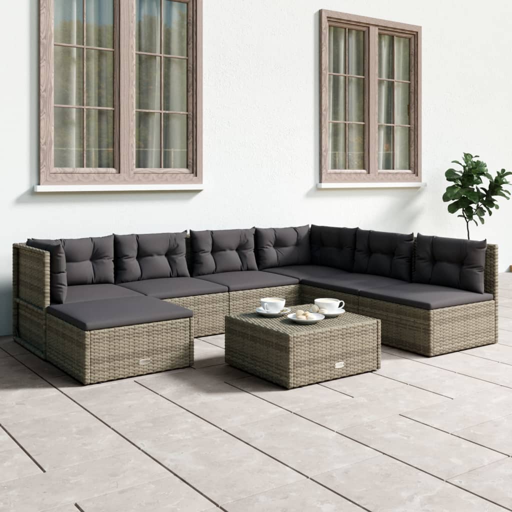 vidaXL 7 Piece Patio Lounge Set with Cushions Gray Poly Rattan