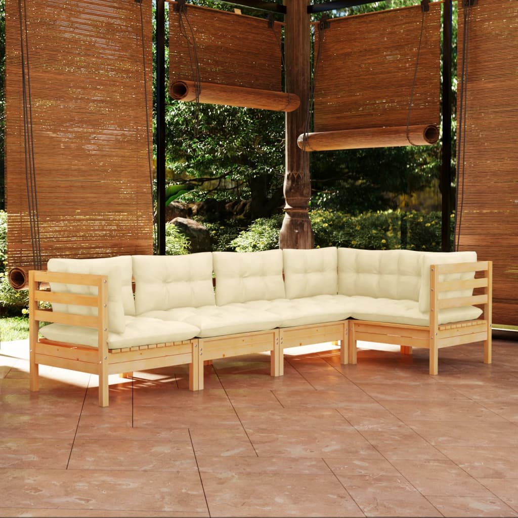 vidaXL 5 Piece Patio Lounge Set with Cream Cushions Pinewood