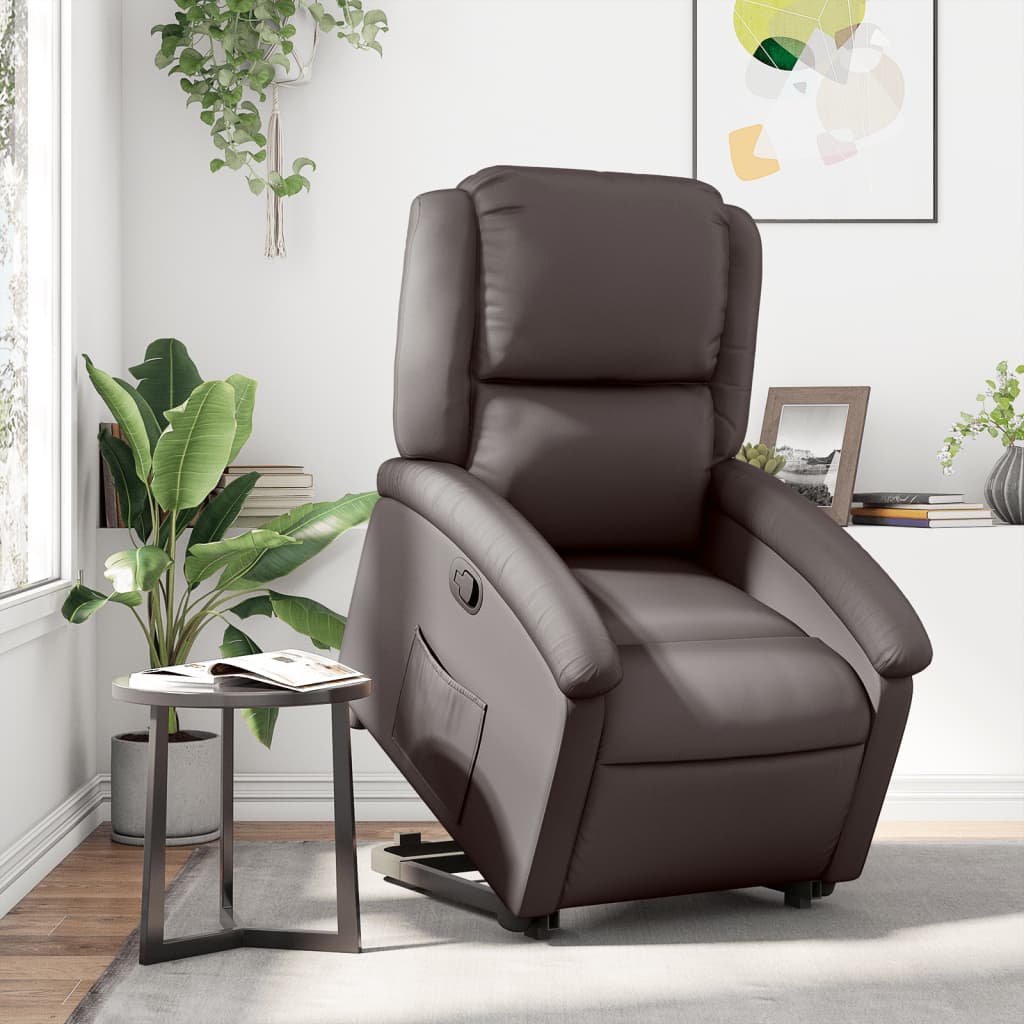 vidaXL Stand up Recliner Chair Dark Brown Real Leather