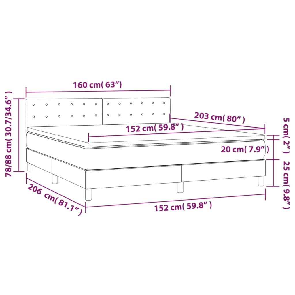 vidaXL Box Spring Bed with Mattress&LED Light Gray Queen Fabric