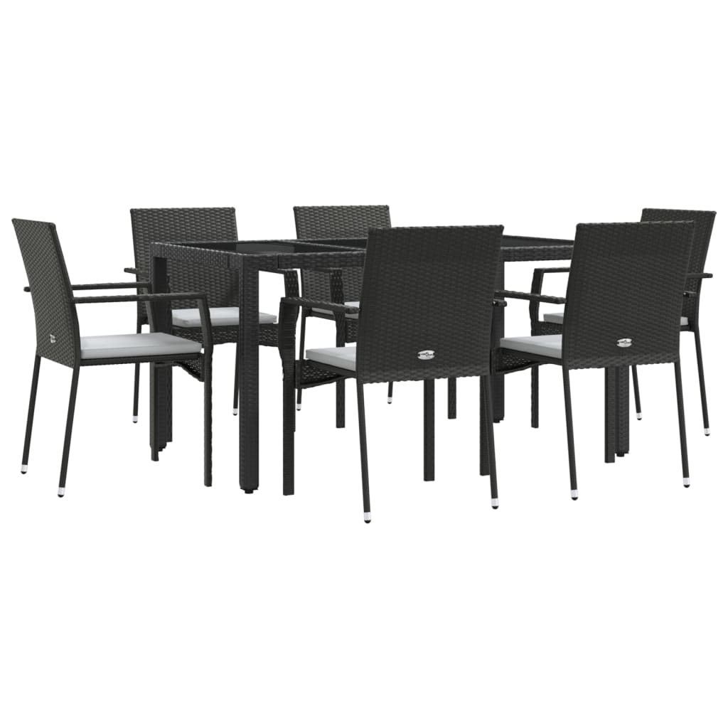 vidaXL 7 Piece Patio Dining Set with Cushions Black Poly Rattan