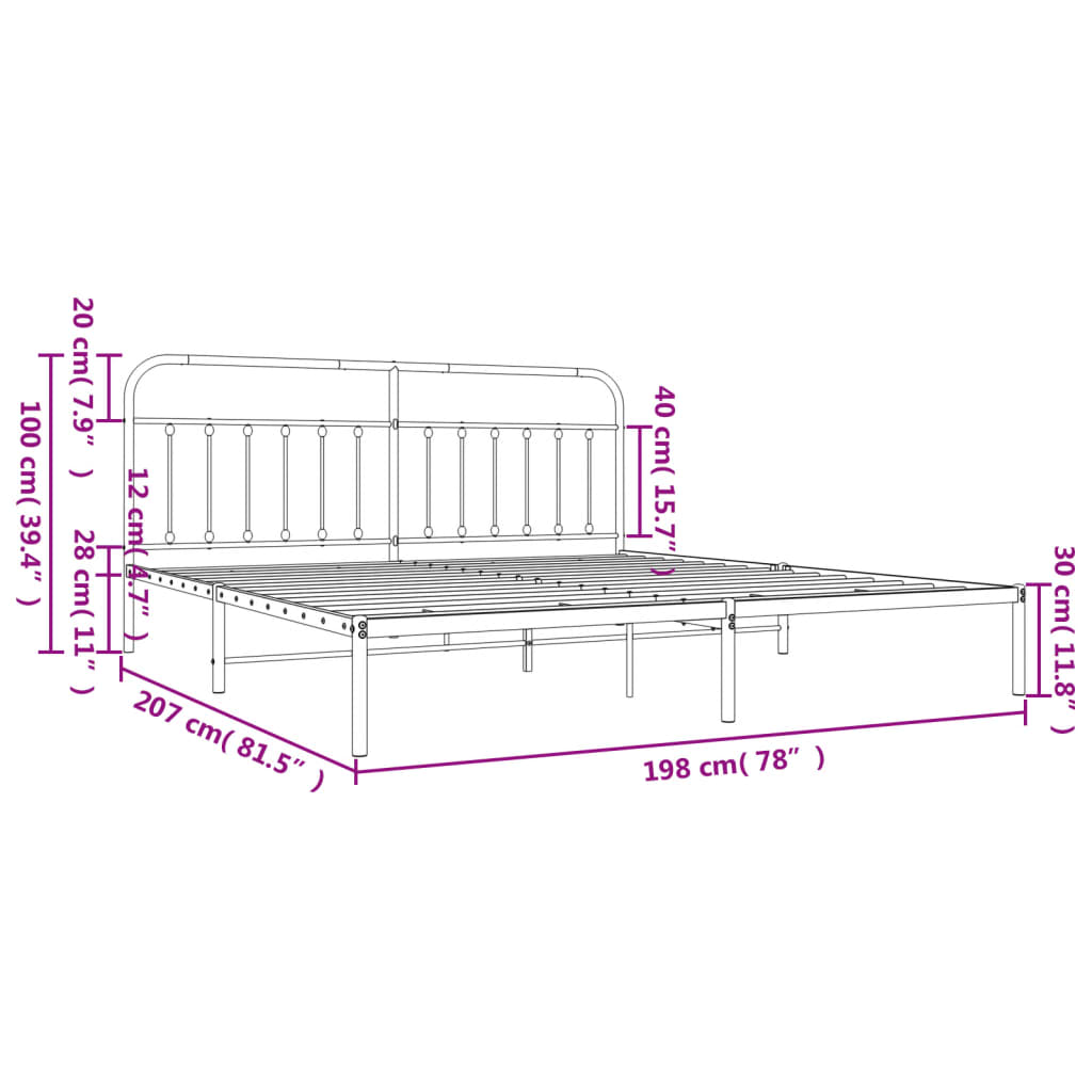 vidaXL Metal Bed Frame without Mattress with Headboard Black 76"x79.9"