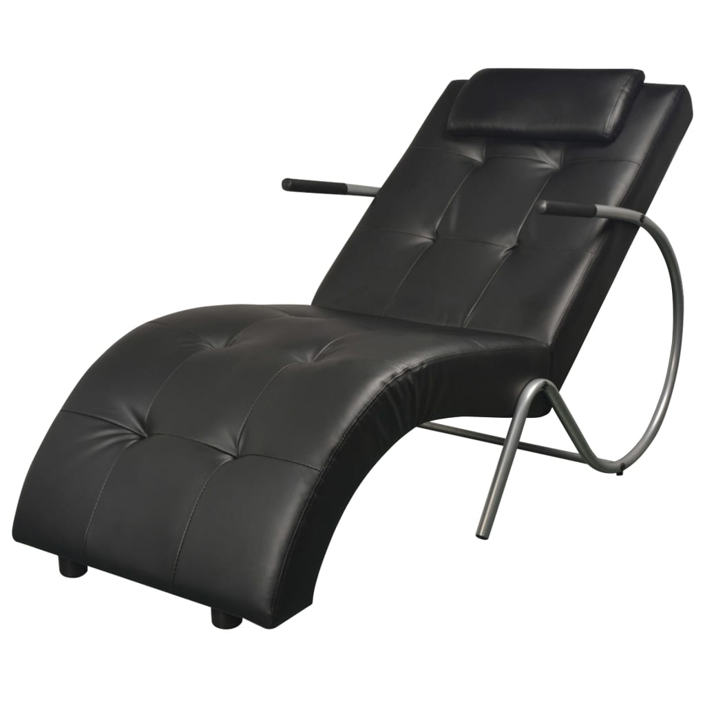 vidaXL Chaise Longue with Pillow Black Faux Leather