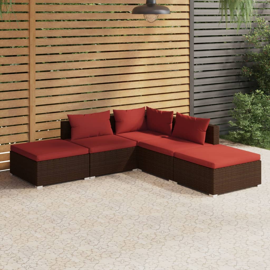 vidaXL 5 Piece Patio Lounge Set with Cushions Poly Rattan Brown