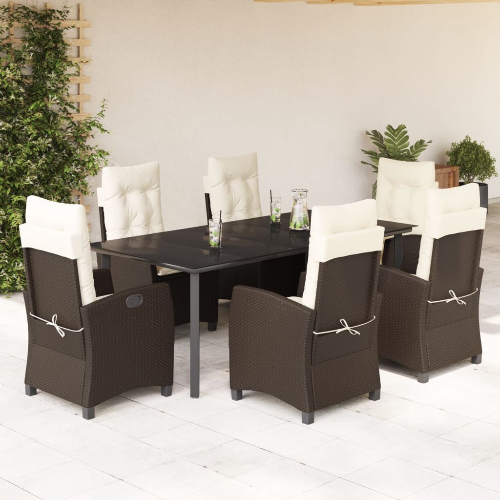 vidaXL 7 Piece Patio Dining Set with Cushions Brown Poly Rattan