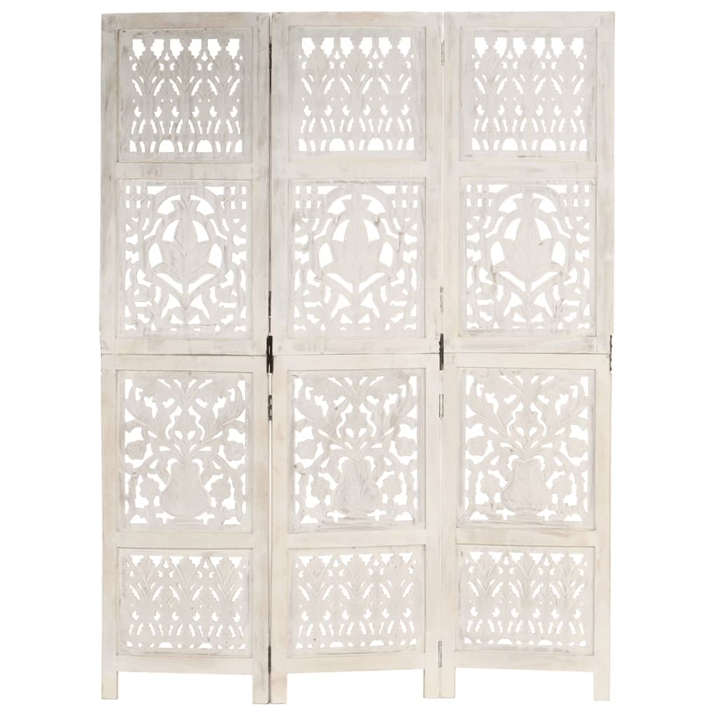 vidaXL Hand carved 3-Panel Room Divider White 47.2"x65" Solid Mango Wood