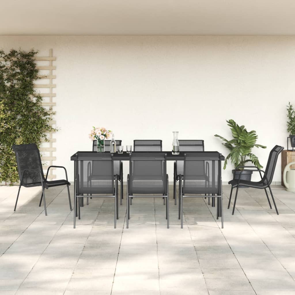 vidaXL 9 Piece Patio Dining Set Black Steel and Textilene