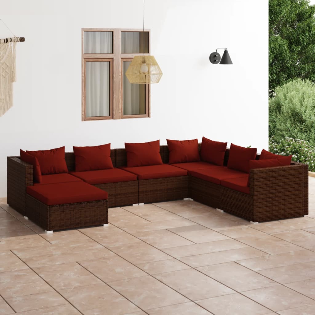 vidaXL 7 Piece Patio Lounge Set with Cushions Poly Rattan Brown