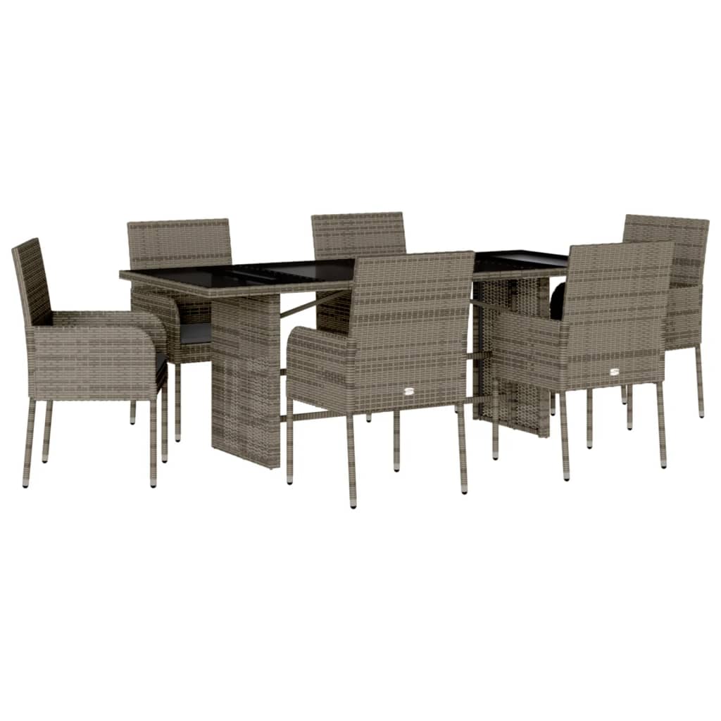 vidaXL 7 Piece Patio Dining Set with Cushions Gray Poly Rattan