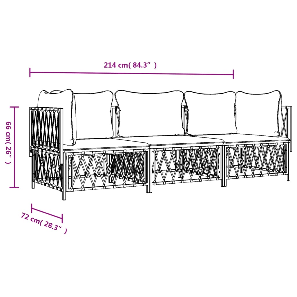 vidaXL 3 Piece Patio Lounge Set with Cushions White Steel