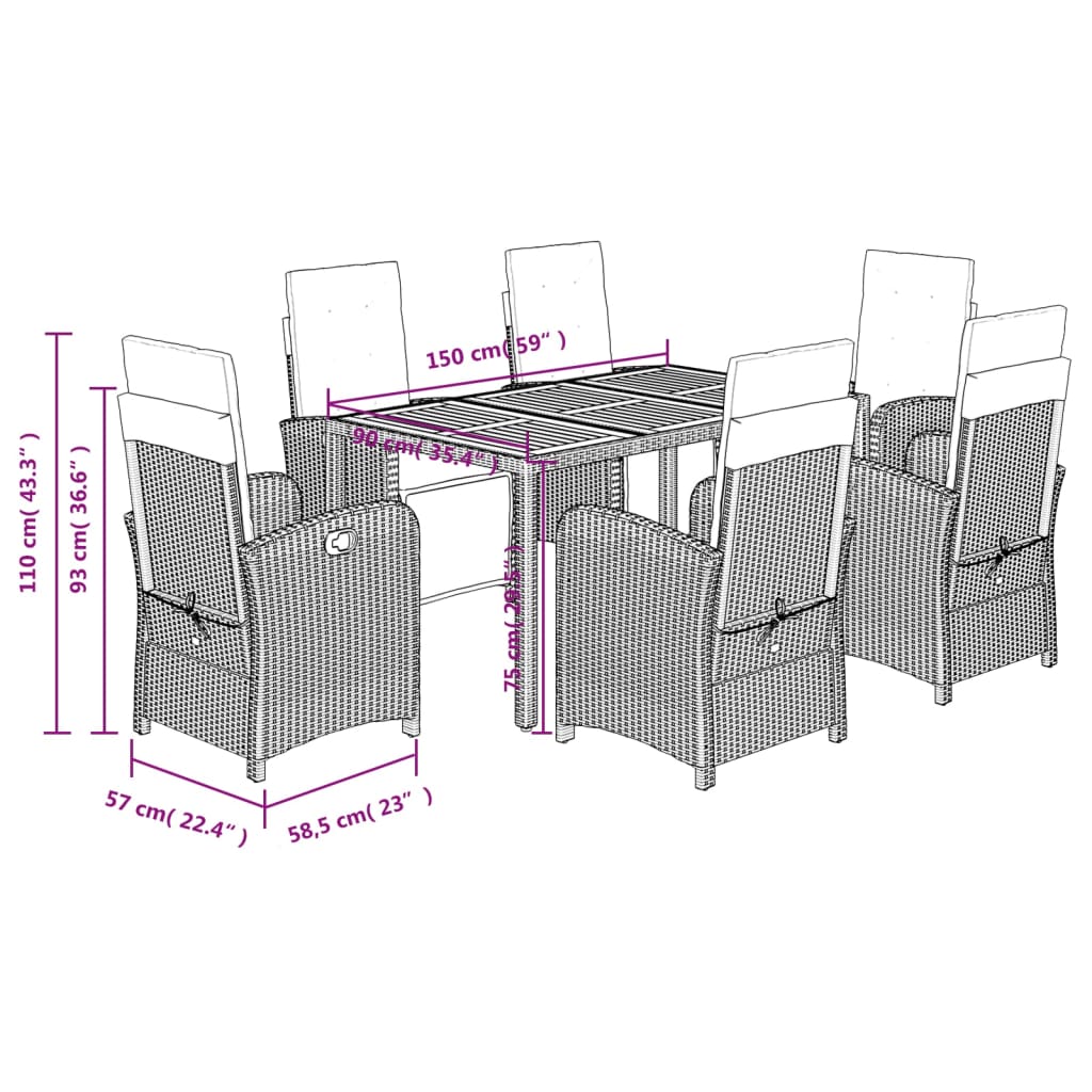 vidaXL 7 Piece Patio Dining Set with Cushions Gray Poly Rattan