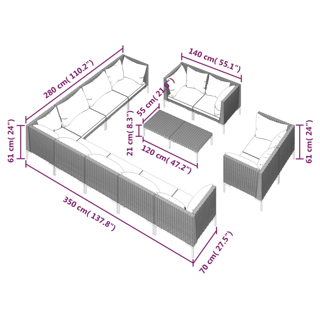 vidaXL 13 Piece Patio Lounge Set with Cushions Poly Rattan Dark Gray