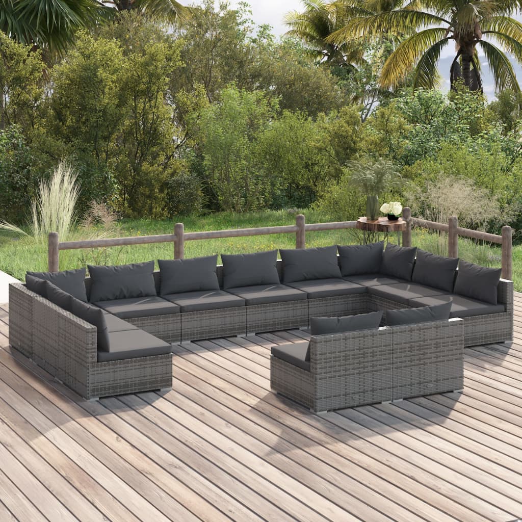 vidaXL 12 Piece Patio Lounge Set with Cushions Gray Poly Rattan