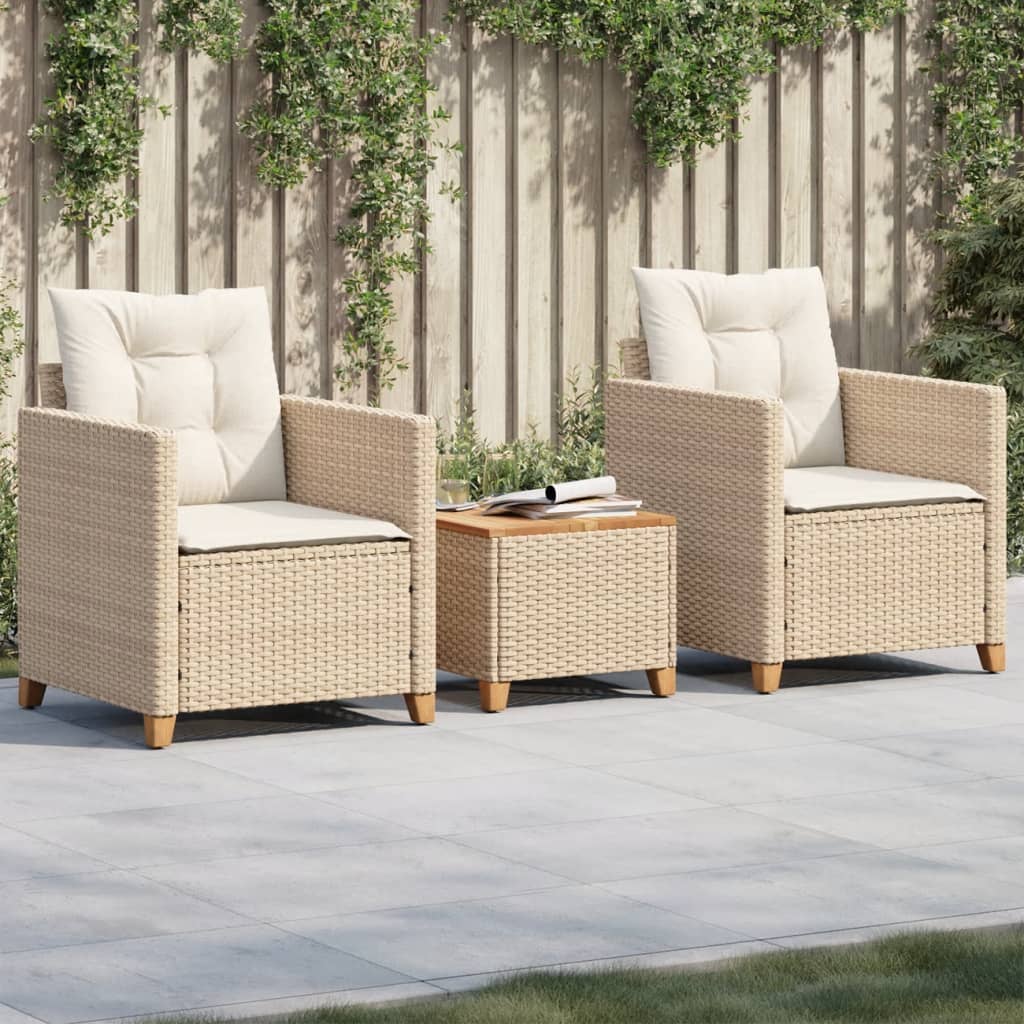 vidaXL 3 Piece Bistro Set with Cushions Beige Poly Rattan Acacia Wood