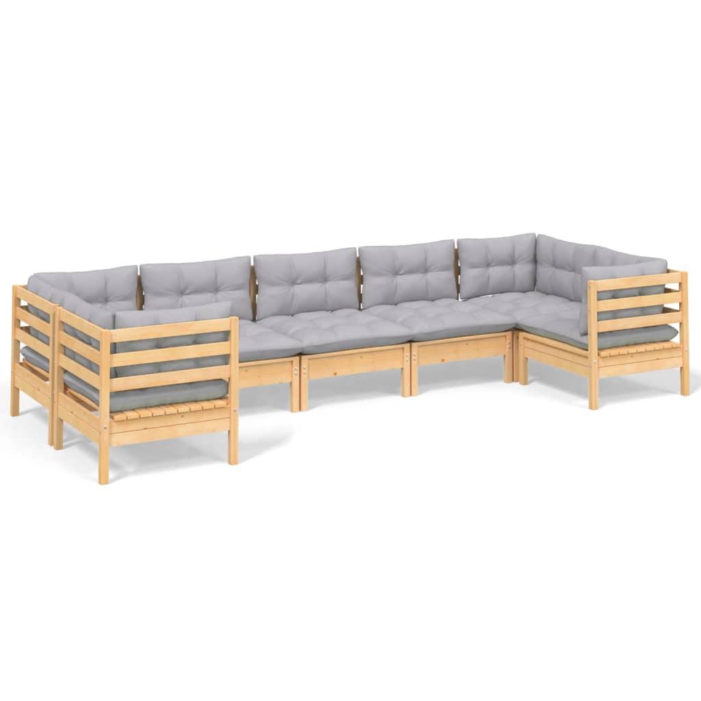 vidaXL 7 Piece Patio Lounge Set with Gray Cushions Pinewood