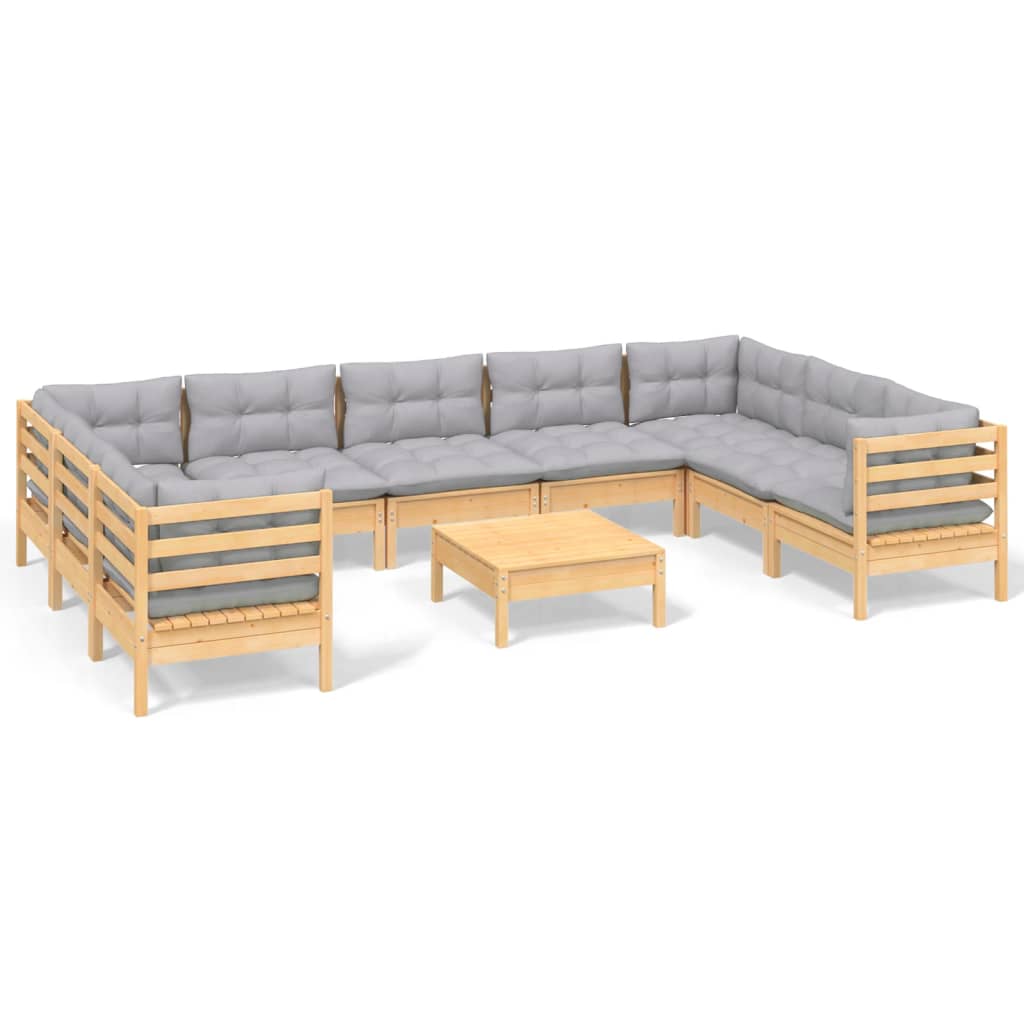 vidaXL 10 Piece Patio Lounge Set with Gray Cushions Pinewood